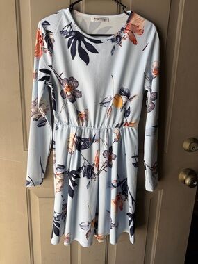 Angashion Light Blue Floral dress with Navy Print